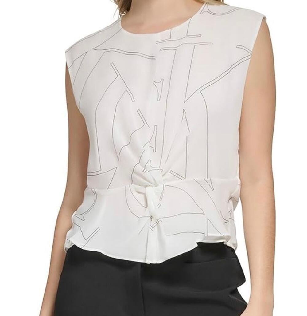 Calvin Klein White Logo Loose Fitted Chiffon Sleeveless Blouse Small NEW NWT